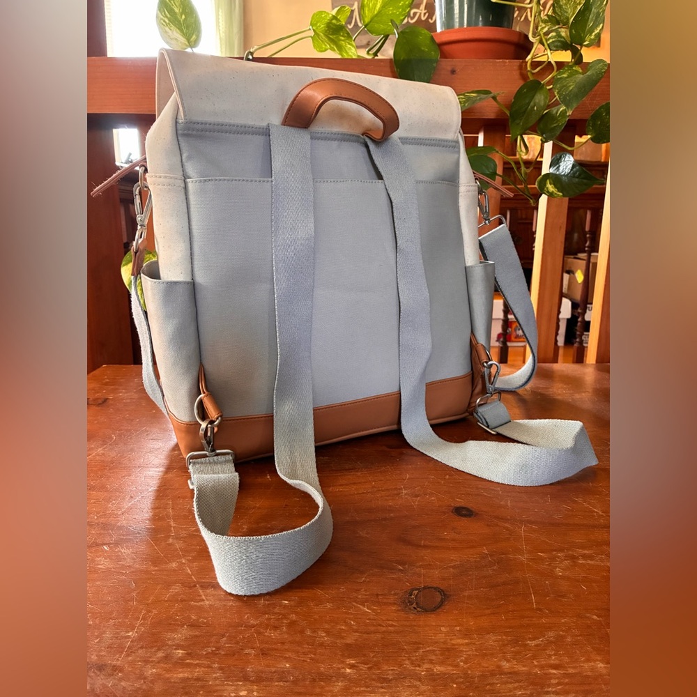 Kinwell Diaper Bag Backpack - Gray, Camel and Cream; Canvas and Vegan Leather - Picture 3 of 6